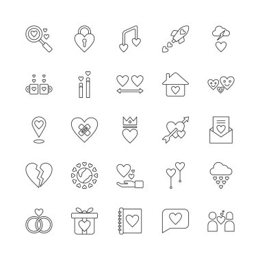 Aşk ikonu seti. Aşk ikonu koleksiyonu, kırık kalp, aşık olmak, çift, alyans ve daha fazlası gibi. Özet biçimi.
