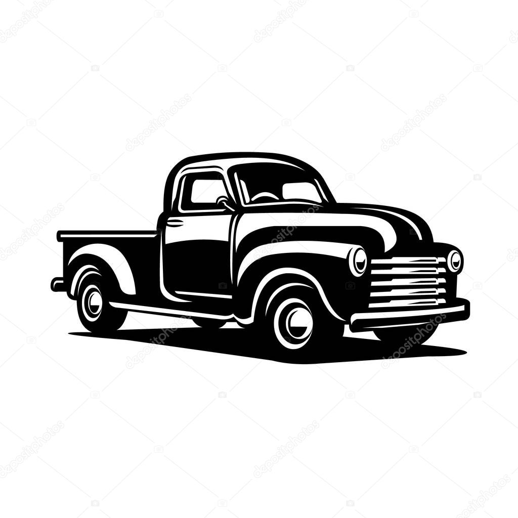 Silhouette Illustration of classic retro style pickup truck. Isolated on white. Monochrome illustration