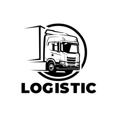 Lojistik kamyon şirketi logosu, amblem vektörü izole edilmiş monokrom çizimi