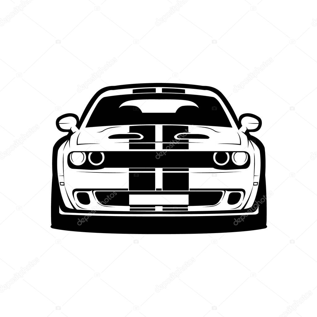 Modern American Muscle Car Front View Monochrome Silhouette Vector Isolated