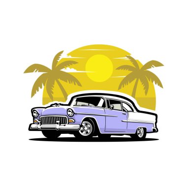 Plajda palmiye ağacı vektörlü klasik Amerikan kaslı arabası. Logo ve Otomotiv Tişörtü Tasarımı İçin En İyi