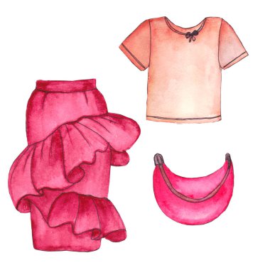 Moda gündelik seti. Suluboya el boyası, beyaz bir güneşlikte resmedilmiş resimler.