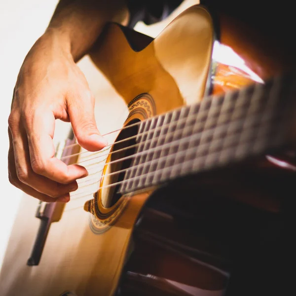 Beyaz ve siyah arka planda tahta akustik gitar çalan bir müzisyenin eli. Genç gitarist