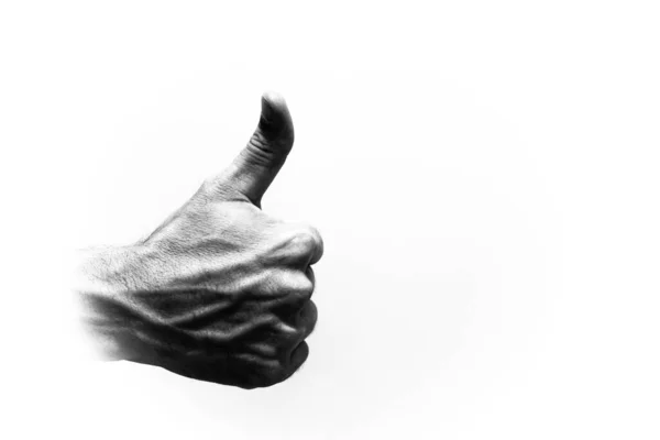 Белая Рука Человека Большим Пальцем Указывающим Вверх Белом Фоне Черно — стоковое фото