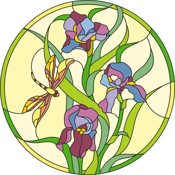Målat glas fönster iris blommor dragonfly — Stock vektor