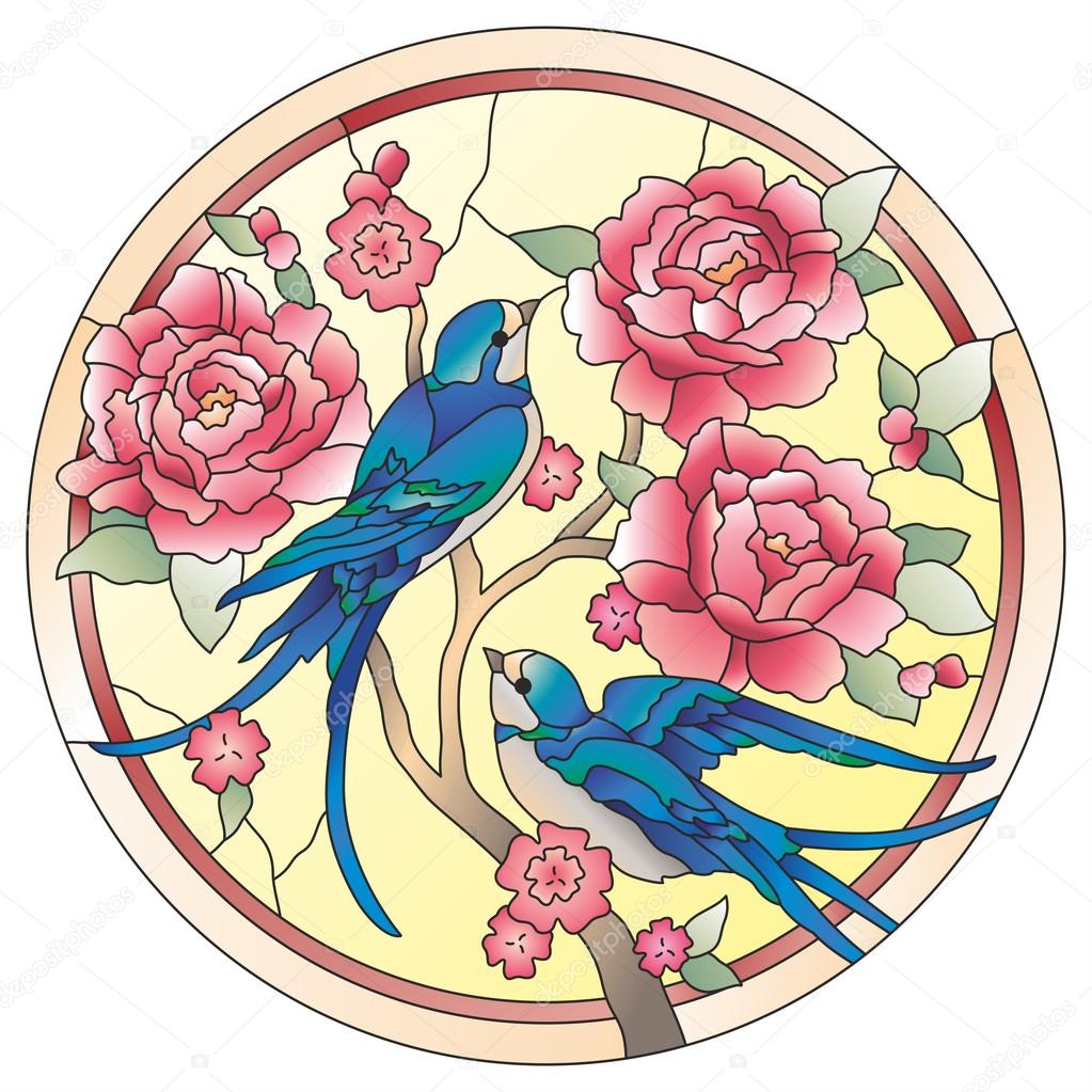 Stained glass window birds with flowers