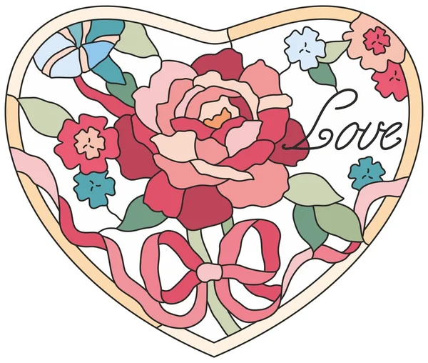 Målat glas fönster blommor rosa hjärta — Stock vektor