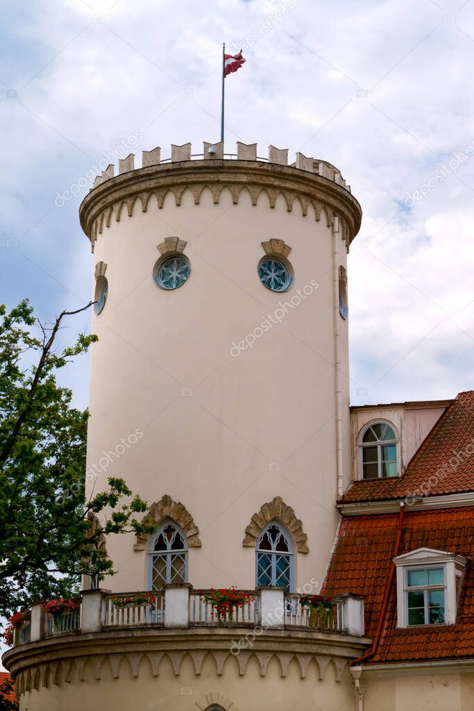 The restored tower of the ancient castle in the city of Cesis in Latvia July 2020
