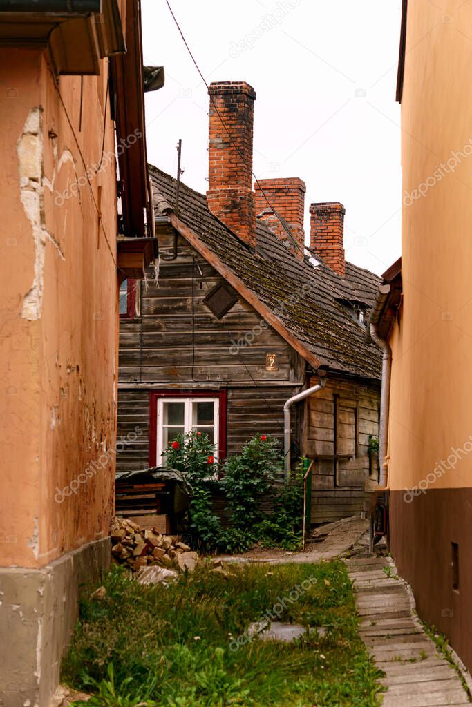 Old houses on the streets of the small town of Cesis in Latvia