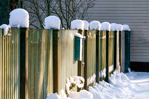 The fence posts are covered with white snow