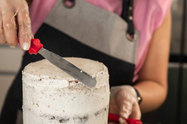 Küçük bir spatulayla tereyağlı pasta dekorasyonunun yakın çekimi.