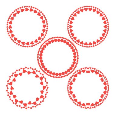 Kırmızı kalpli ve taçlı 10 yuvarlak çerçeve..