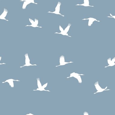 Mavi arka planda beyaz turna sürüsü olan kusursuz bir desen.. 