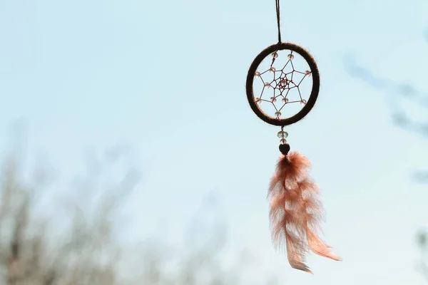 Dreamcatcher with crystal beads on the sky background. Mascot.