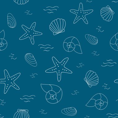 Mavi arka planda beyaz kabuklu ve yıldızlı kusursuz denizci deseni..