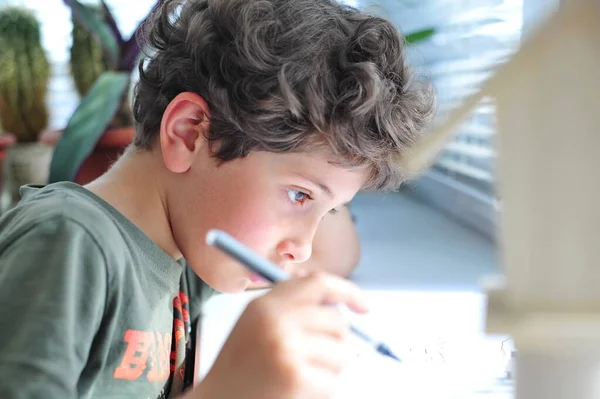 Lindo Niño Está Haciendo Tarea Aprendizaje Distancia Durante Una Pandemia —  Fotos de Stock