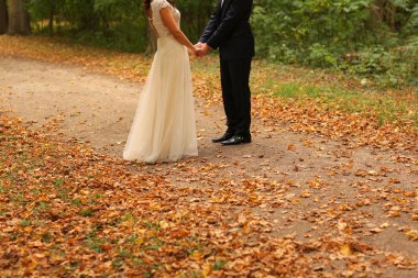 Güzel gelin çift ellerimi parkta