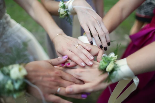 Bride with bridesmaids hands — Stock Photo, Image