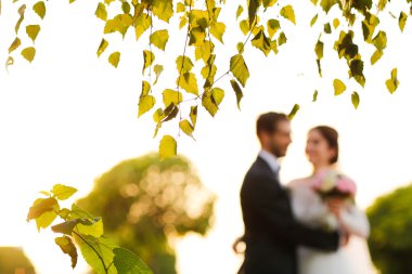 Neşeli gelin ve damat ile açık havada kucaklayan buket