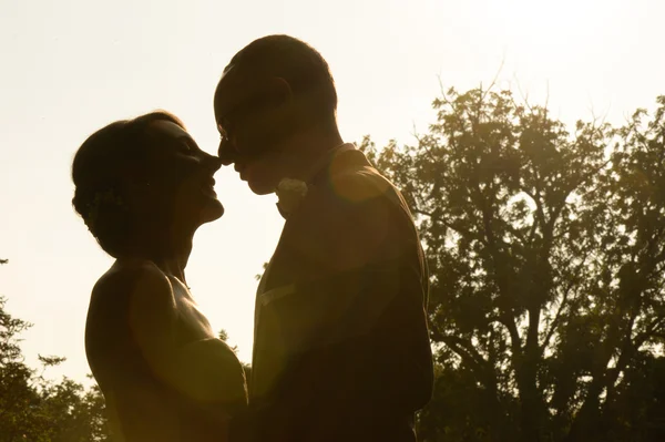 Sylwetka panny młodej i pana młodego, Całowanie w parku — Zdjęcie stockowe