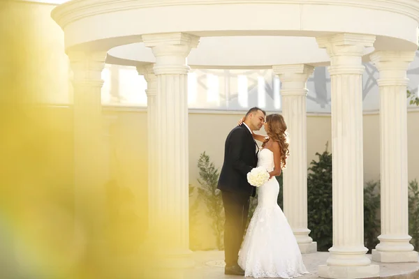 Schönes Brautpaar umarmt sich in Säulennähe — Stockfoto