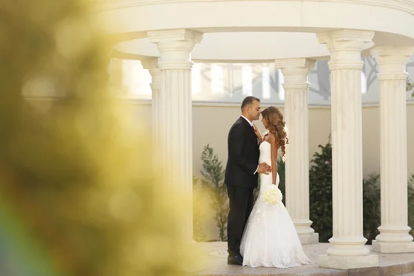 Beautiful bridal couple embracing near columns — Stock Photo, Image