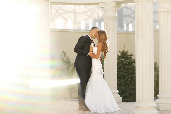 Beautiful bridal couple embracing near columns — Stock Photo, Image