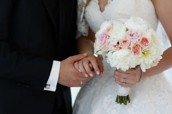 Lovely grooms holding each other — Stock Photo, Image