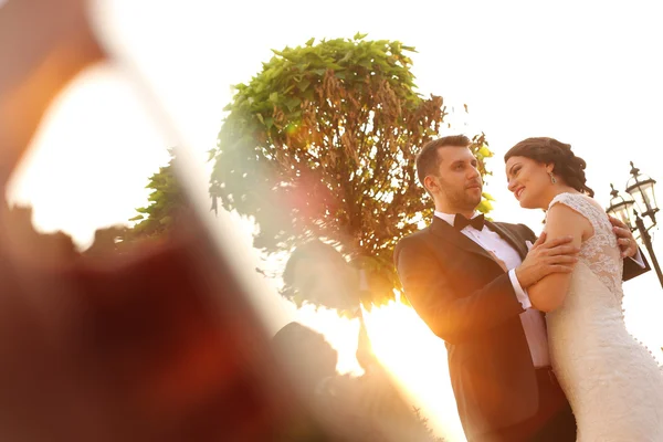 Belo casal nupcial abraçando ao ar livre ao entardecer — Fotografia de Stock