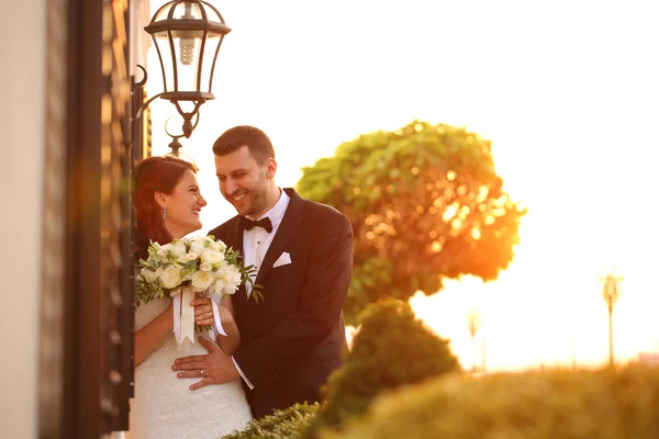 Beautiful bridal couple embracing in sunlight — Stock Photo, Image