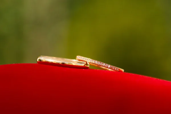 在一个红色的枕头和绿色背景上的结婚戒指的详细信息 — 图库照片