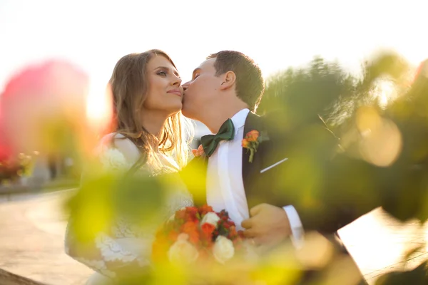 Lovely bride and groom kissing outside — Stock Photo, Image