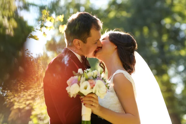 Lovely groom and bride kissing and holding outside — Stock Photo, Image