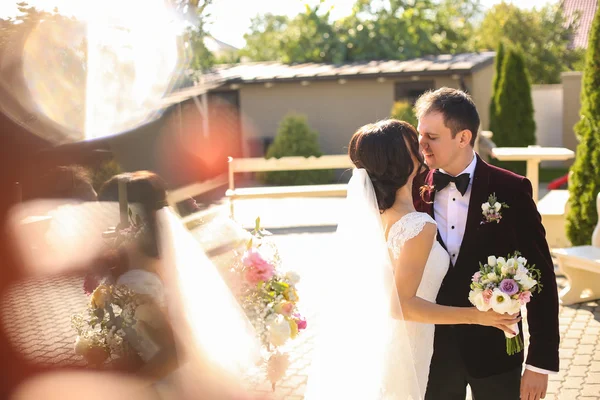 Lovely groom and bride kissing and holding outside — Stock Photo, Image