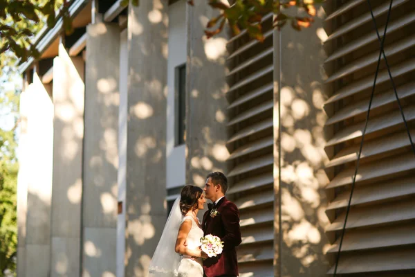 Precioso novio y novia besándose y sosteniendo fuera —  Fotos de Stock
