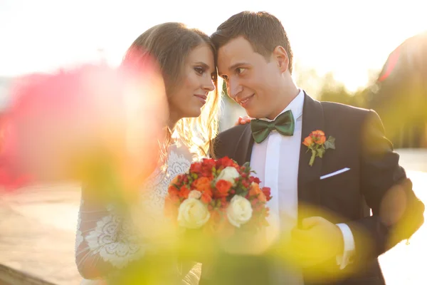 Lovely bride and groom outside — Stock Photo, Image