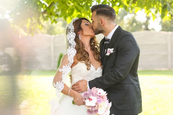 Lovely bride and groom, holding each other outside — Stock Photo, Image