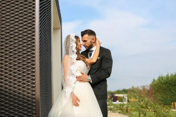 Vackra bruden och brudgummen, hålla varandra utanför — Stockfoto