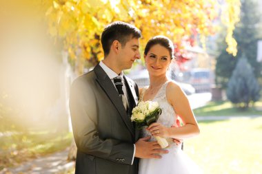  Gelin ve damat parkta poz veriyorlar.