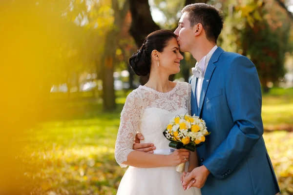 Sposo e sposa baciare nel parco — Foto Stock