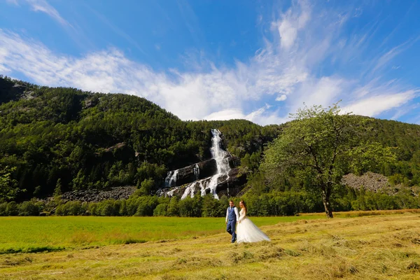 Noiva e noivo andando na natureza — Fotografia de Stock