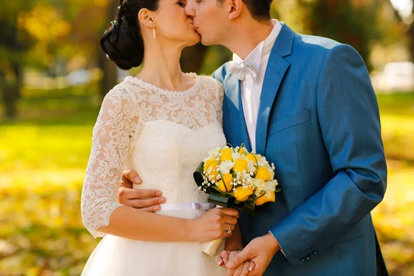 Noivo e noiva beijando no parque — Fotografia de Stock