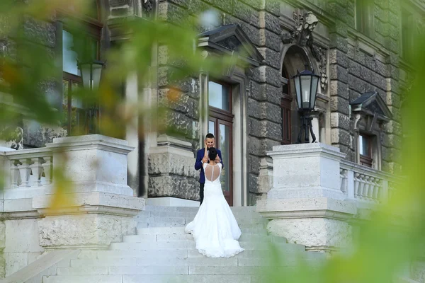 Beautiful bride and groom embracing on stairs — Stock Photo, Image