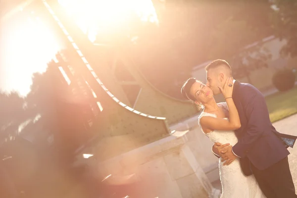 Beautiful bridal couple embracing in city — Stock Photo, Image