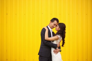 Gelin ve damat öpüşme sarı duvara karşı