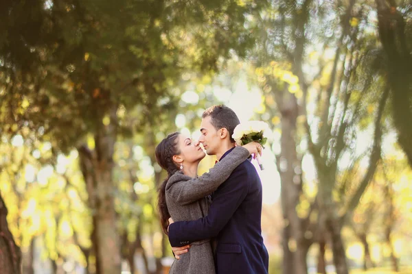 Casal abraçando uns aos outros no parque — Fotografia de Stock
