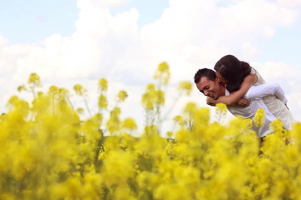 Bride and groom posing in the fields — Stock Photo, Image