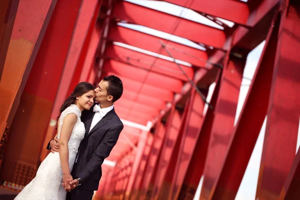 Наречена і наречений святкують на червоному мосту — стокове фото