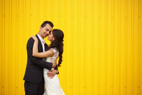 Mariée et marié baisers contre le mur jaune — Photo