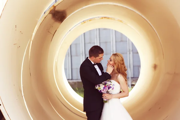 Bruid en bruidegom poseren op architectonische achtergrond — Stockfoto